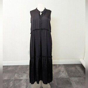 NEW Arna York Half Button Ruffle Neck Satin Midi Shift Dress Black 18/20 boho